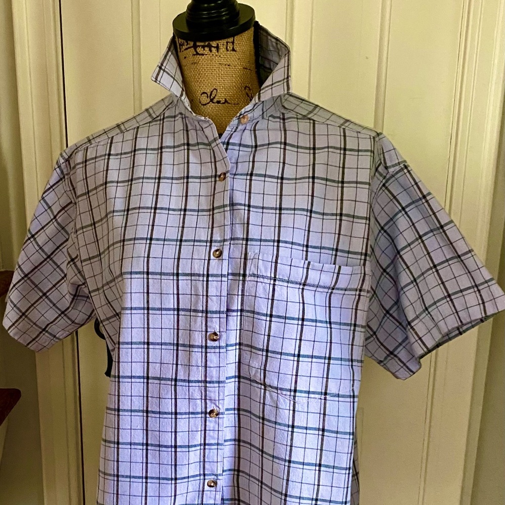 Men's Patagonia Plaid Sport Shirt, Short Sleeve, Cotton, Lavender and Black, M.